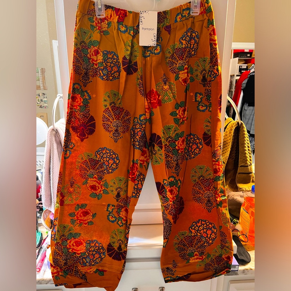 XXL PANTALÓN tulip hem yellow & green abstract floral elastic waist crop pants